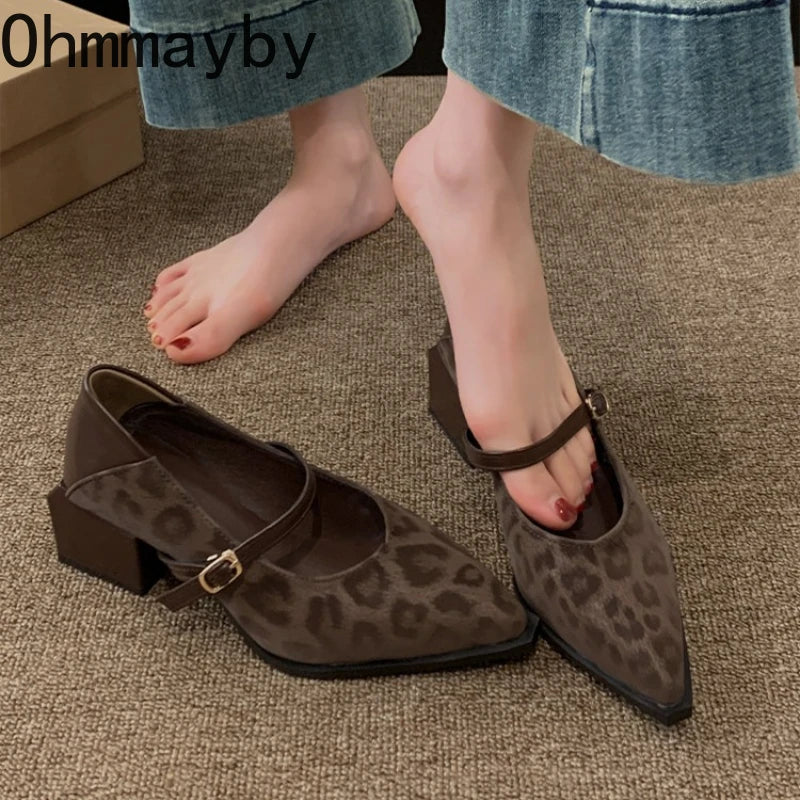 Leopard Print Pointed Toe Mary Jane Pumps