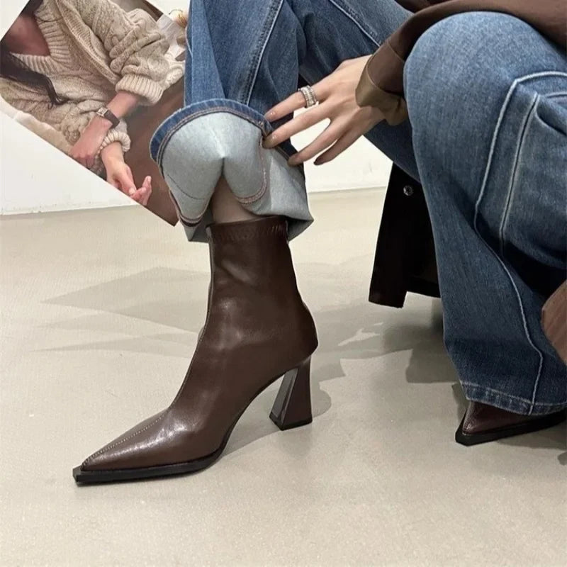 Pointed-Toe Square-Heel Ankle Boots