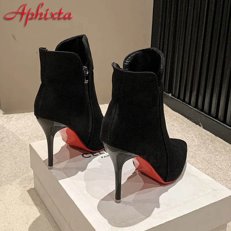 Pointed-Toe Contrast Heel Ankle Boots