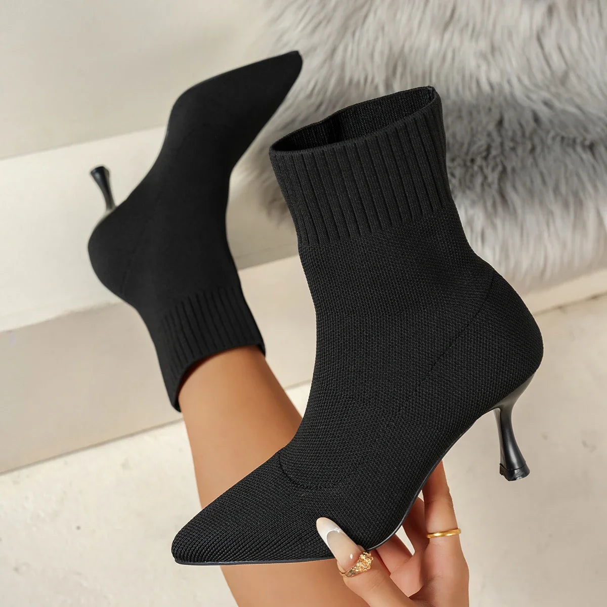 Pointed-Toe Stretch Knit Ankle Boots