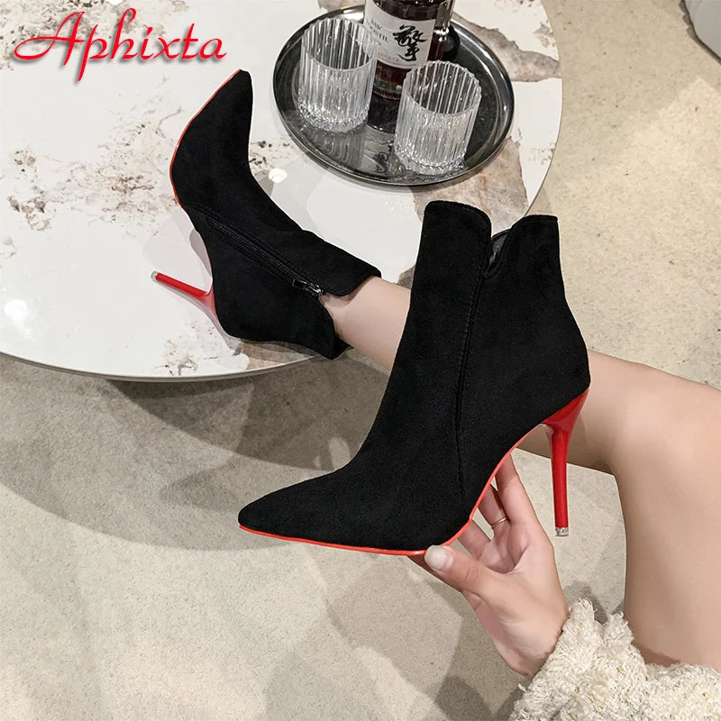 Pointed-Toe Contrast Heel Ankle Boots