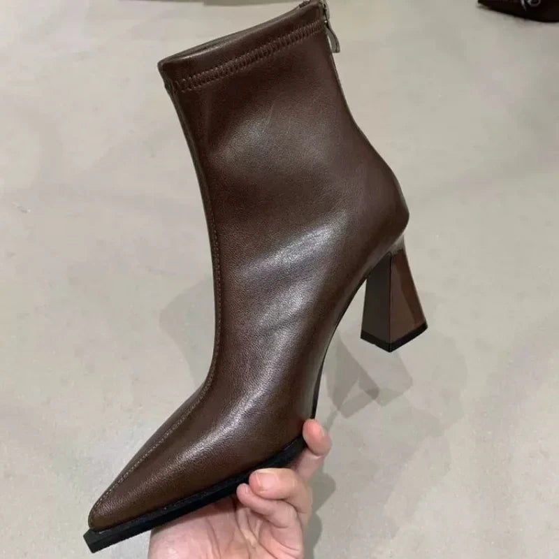 Pointed-Toe Square-Heel Ankle Boots