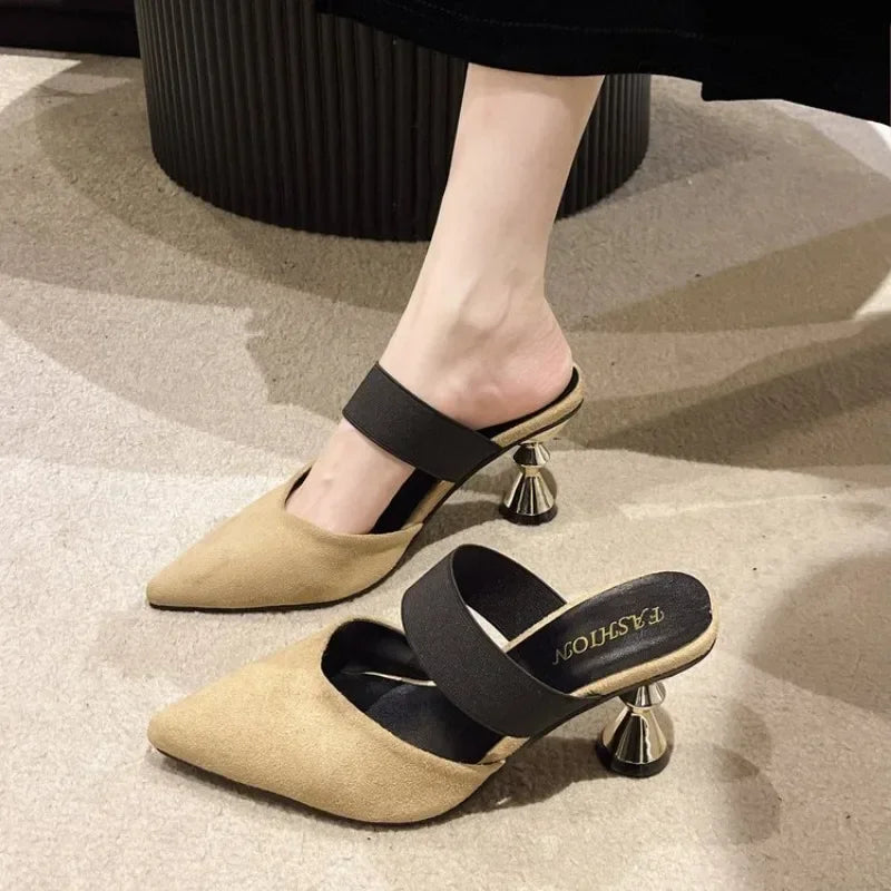 Metallic Gold Heel Pointed-Toe Mules