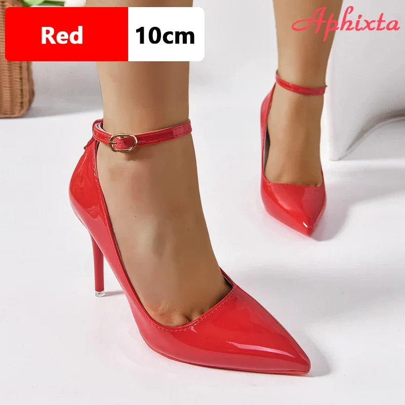 Patent Pointed-Toe Ankle Strap Stiletto Pumps