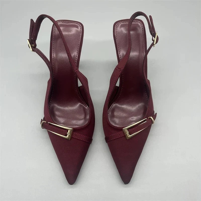 Pointed-Toe Buckle Slingback Heels