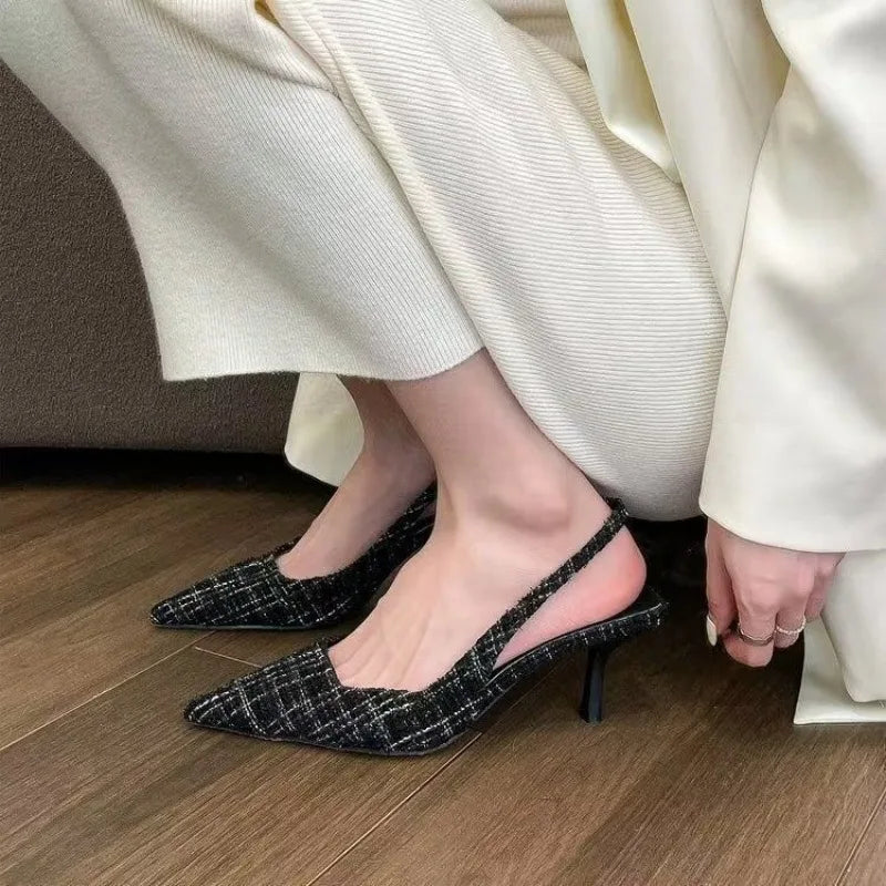 Textured Pointed-Toe Slingback Heels