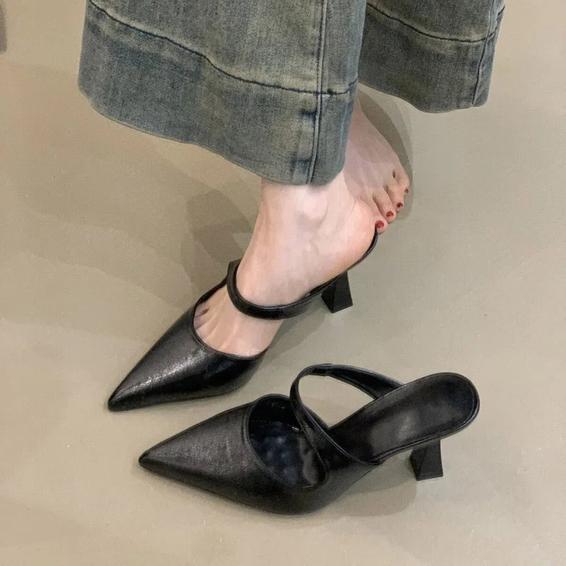 Pointed-Toe Diagonal-Strap Mules