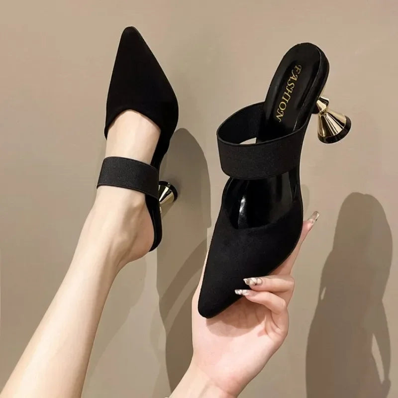 Metallic Gold Heel Pointed-Toe Mules
