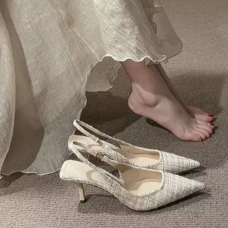 Textured Pointed-Toe Slingback Heels