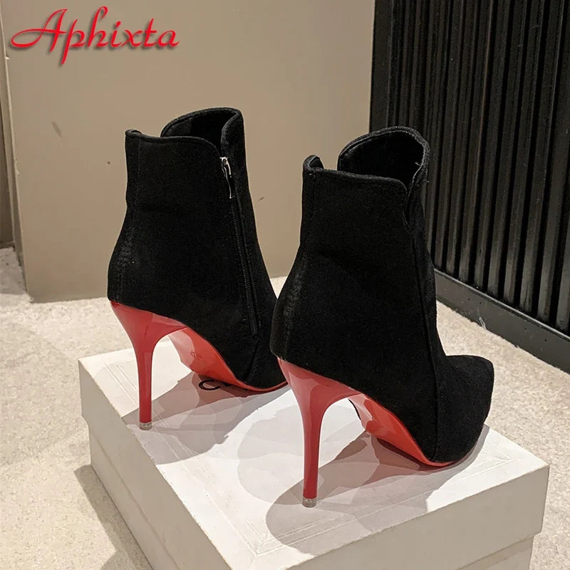 Pointed-Toe Contrast Heel Ankle Boots