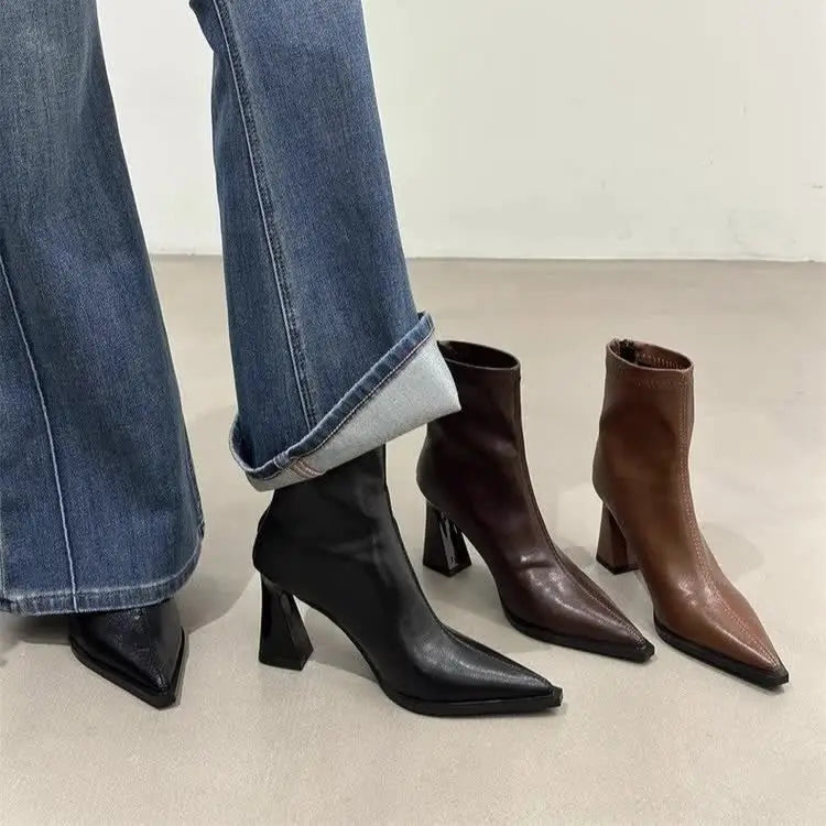 Pointed-Toe Square-Heel Ankle Boots
