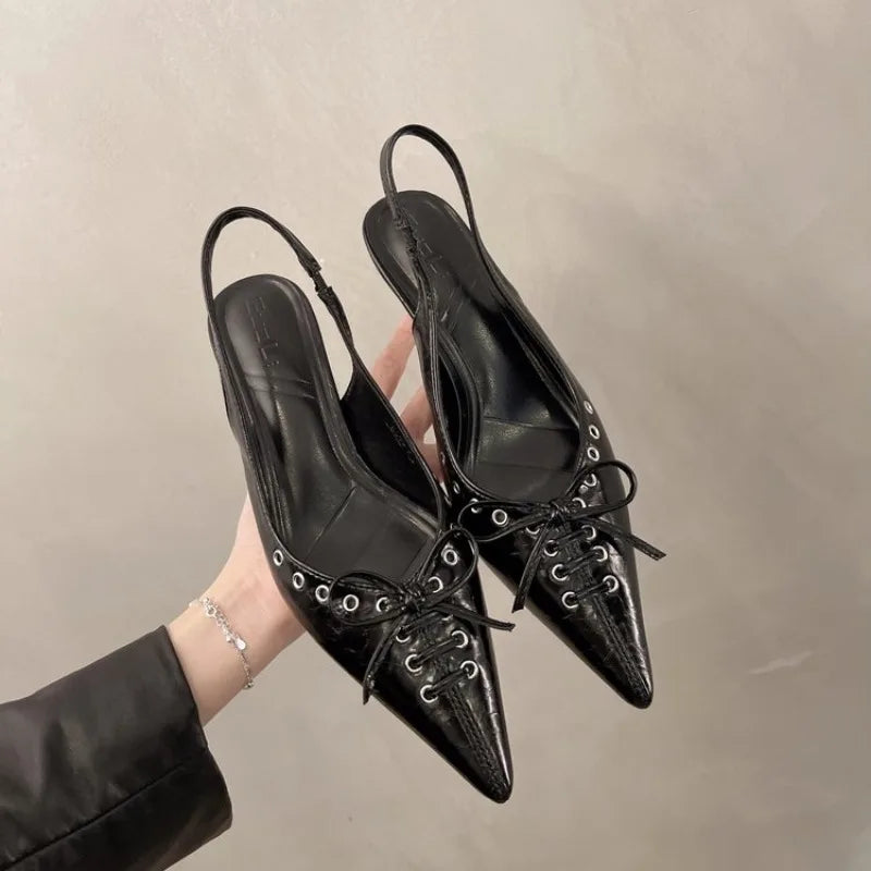 Pointed-Toe Bow Slingback Heels
