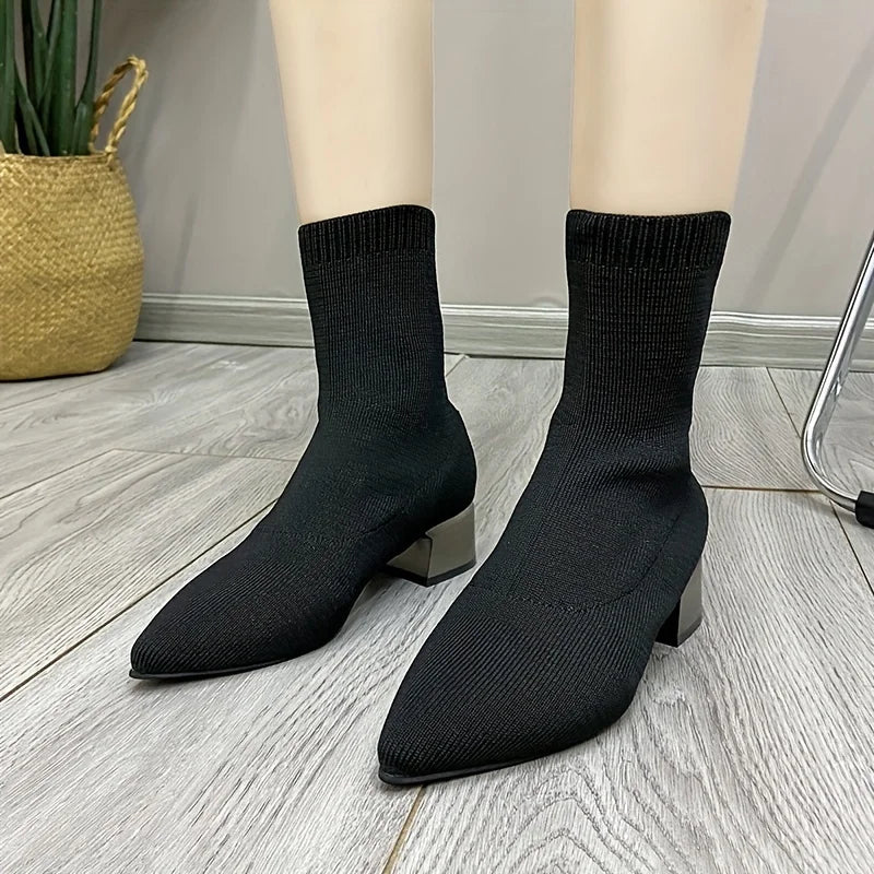 Pointed Toe Knit Sock Ankle Boots