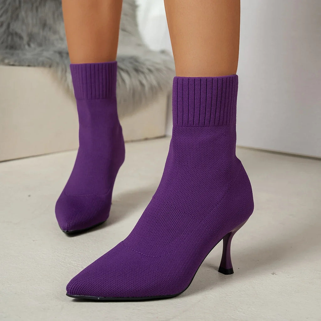 Pointed-Toe Stretch Knit Ankle Boots
