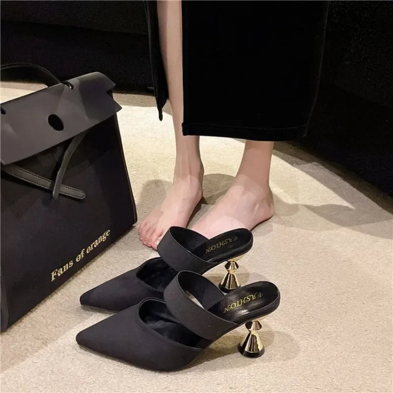 Metallic Gold Heel Pointed-Toe Mules