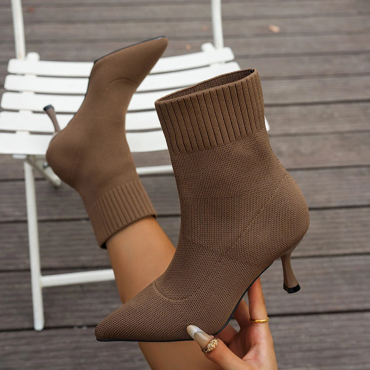 Pointed-Toe Stretch Knit Ankle Boots