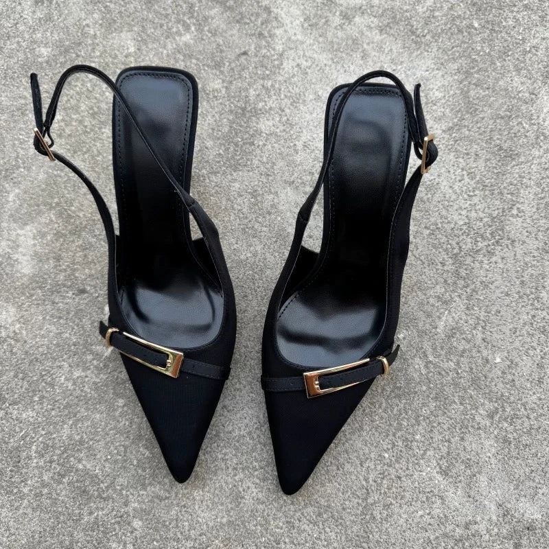 Pointed-Toe Buckle Slingback Heels