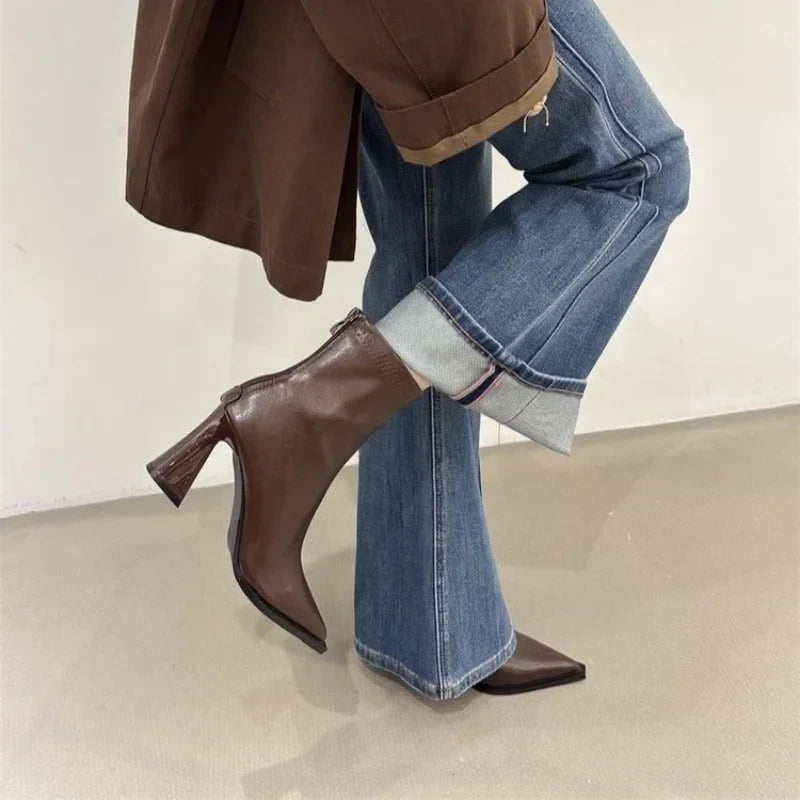 Pointed-Toe Square-Heel Ankle Boots