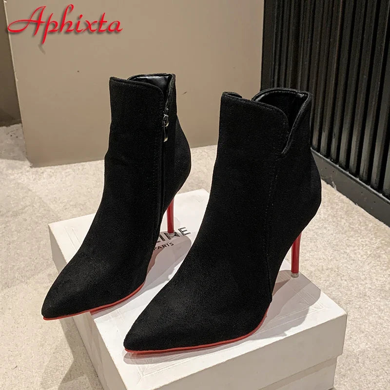 Pointed-Toe Contrast Heel Ankle Boots