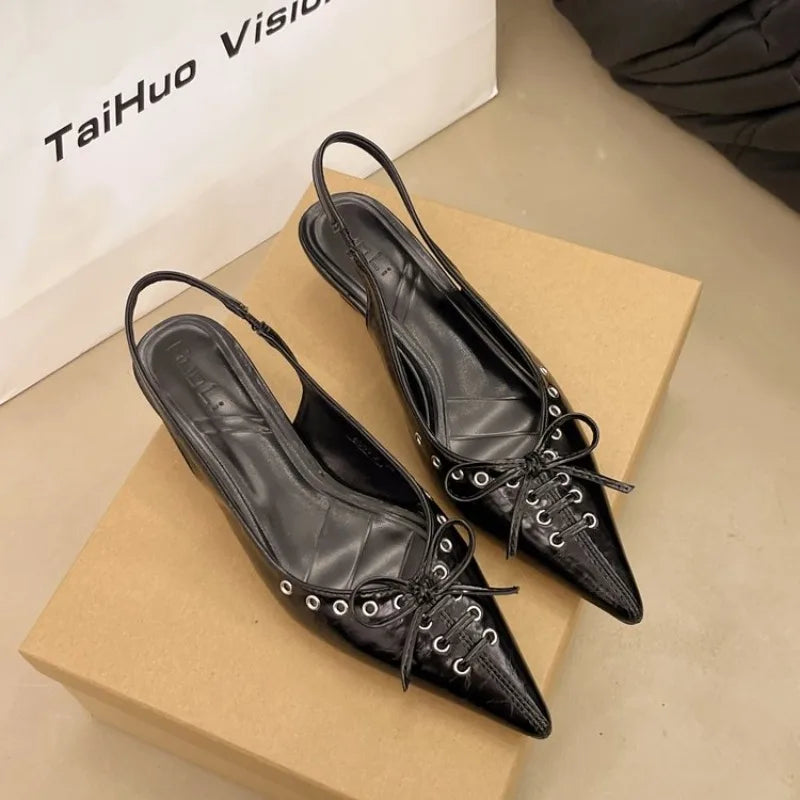 Pointed-Toe Bow Slingback Heels