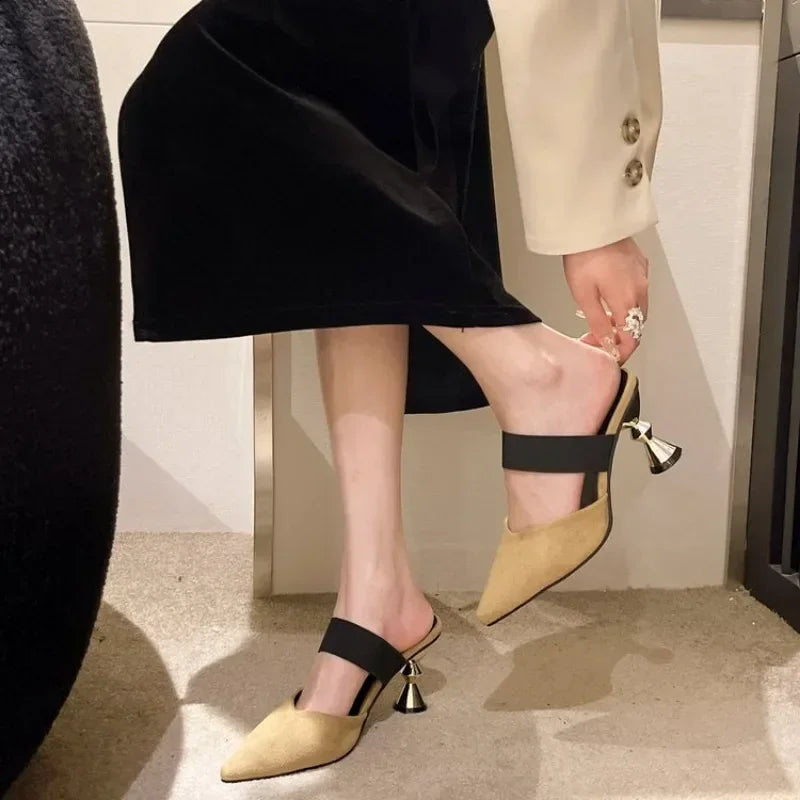 Metallic Gold Heel Pointed-Toe Mules