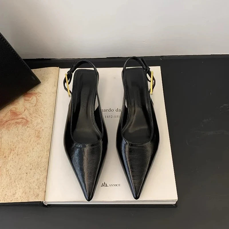 Glossy Pointed-Toe Slingback Heels