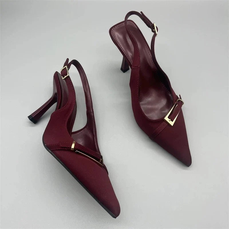 Pointed-Toe Buckle Slingback Heels