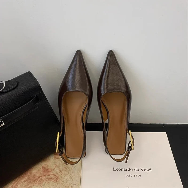 Glossy Pointed-Toe Slingback Heels