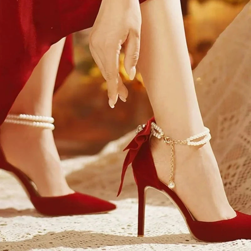 Pearl Bow Pointed-Toe Stiletto Pumps