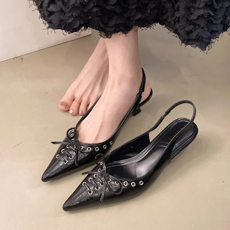 Pointed-Toe Bow Slingback Heels