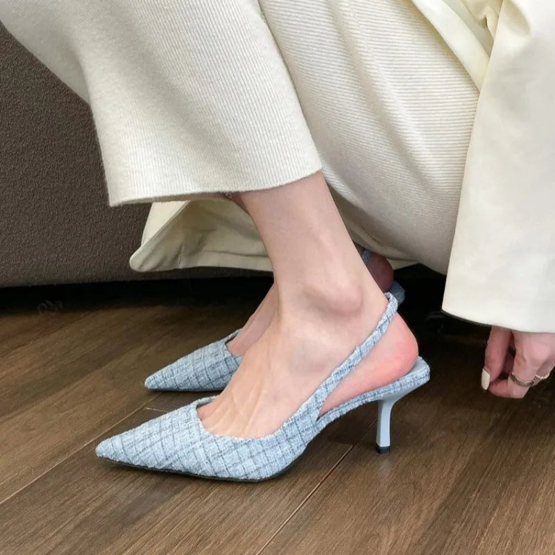 Textured Pointed-Toe Slingback Heels