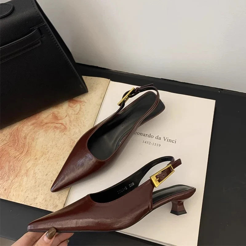 Glossy Pointed-Toe Slingback Heels