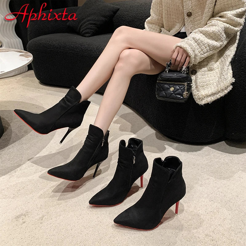 Pointed-Toe Contrast Heel Ankle Boots