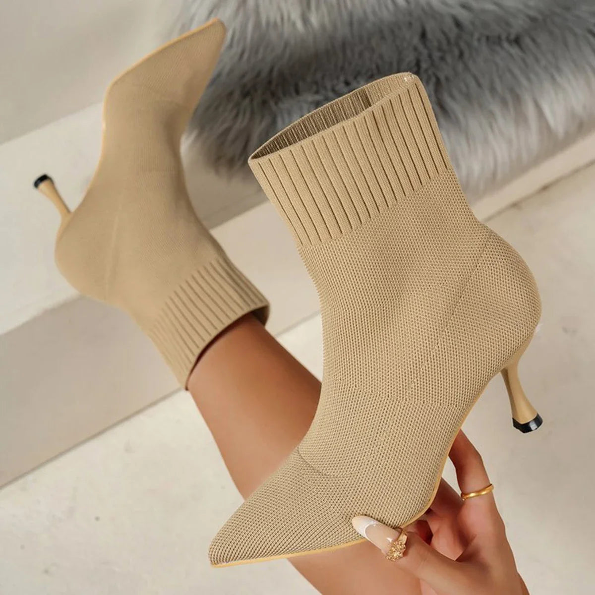 Pointed-Toe Stretch Sock Boots