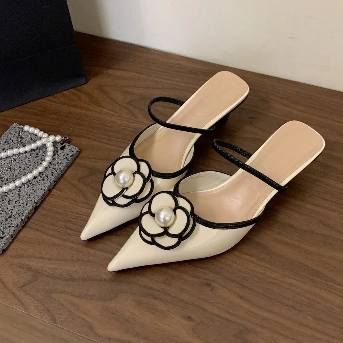 Floral Pearl Pointed Mules