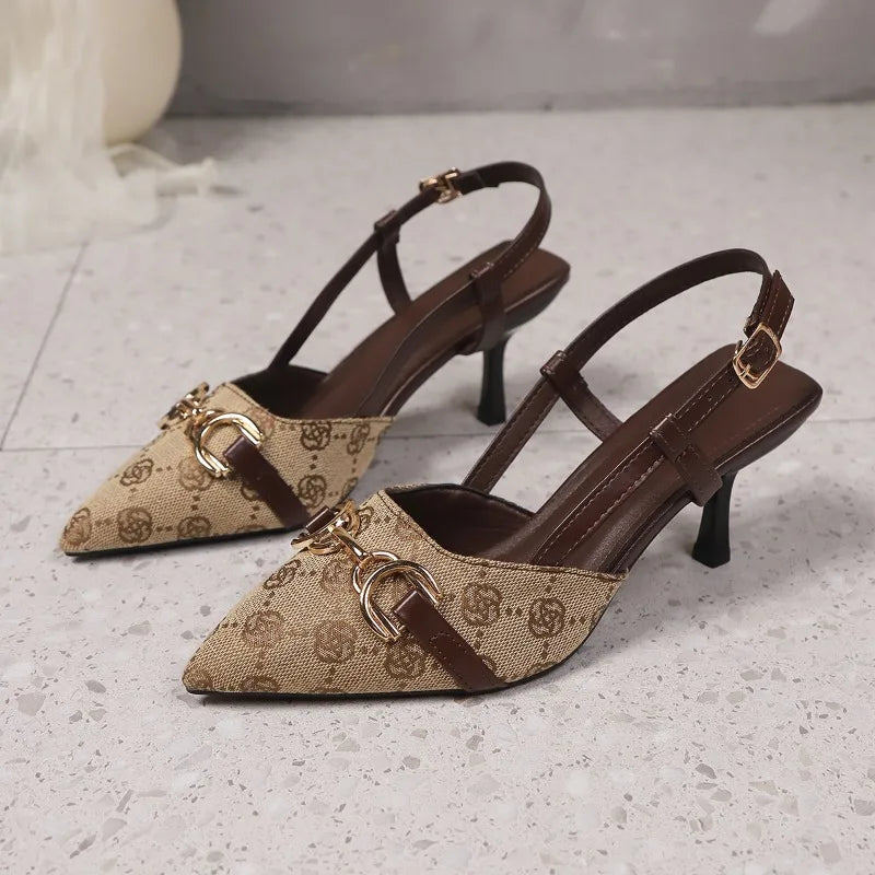 Chain Detail Pointed-Toe Slingback Heels